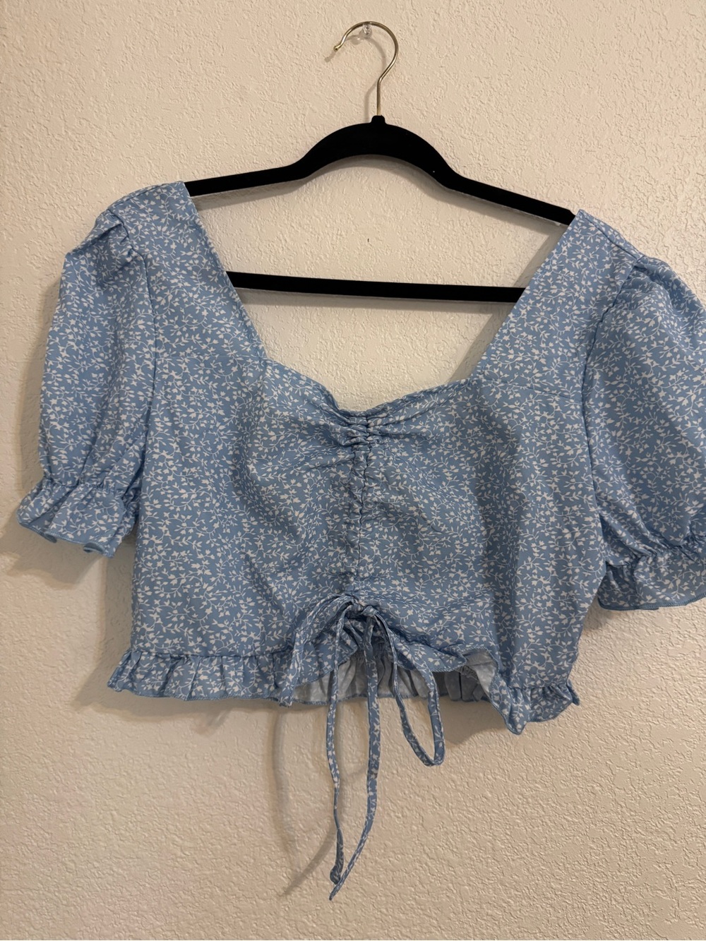 #5 Blue Floral Ruching Tie-Front Crop Top